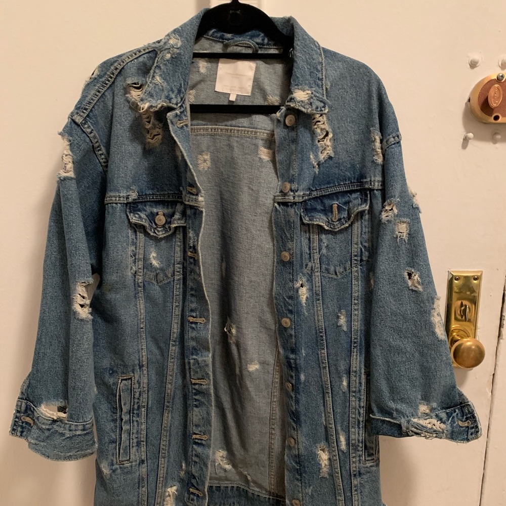 Zara distressed long oversized denim jacket